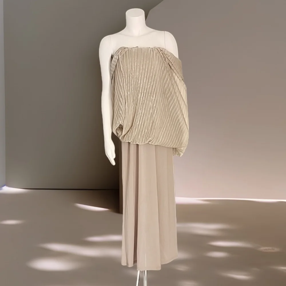 THE LIMITED Champagne Maxi Dress XS Shimmer Tube Top Strapless All Over Pleated